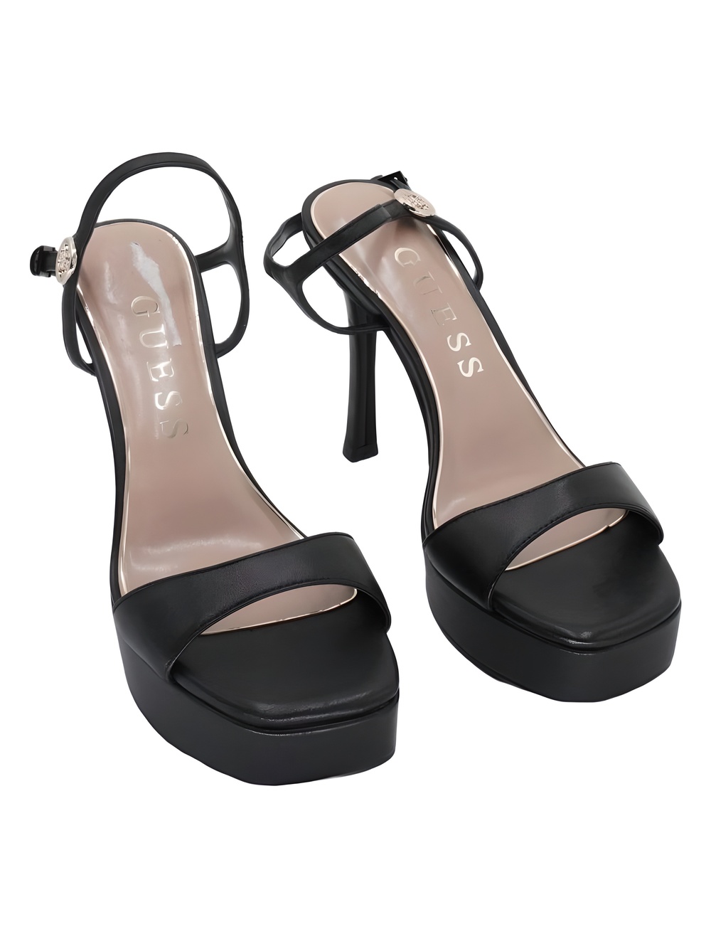 Guess Hendora Black Leather 4.5" Stiletto Heel Platform Sandals Size 8M